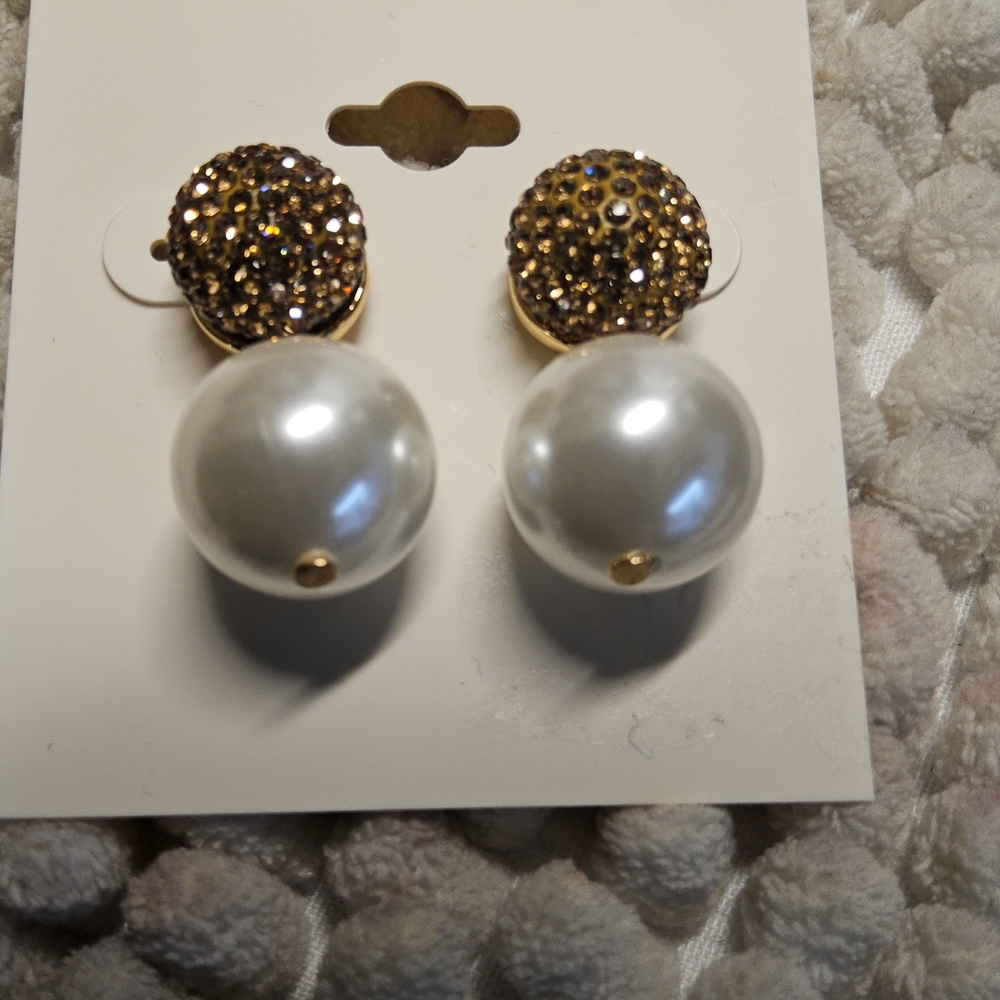NWT ON 34TH Goldtone and White Pave Fireball and Imitation Pearl Drop Earrings - Picture 2 of 4